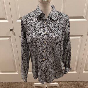 Lands' End Size 14 No Iron Pinpoint Oxford long-sleeve shirt, blue white floral